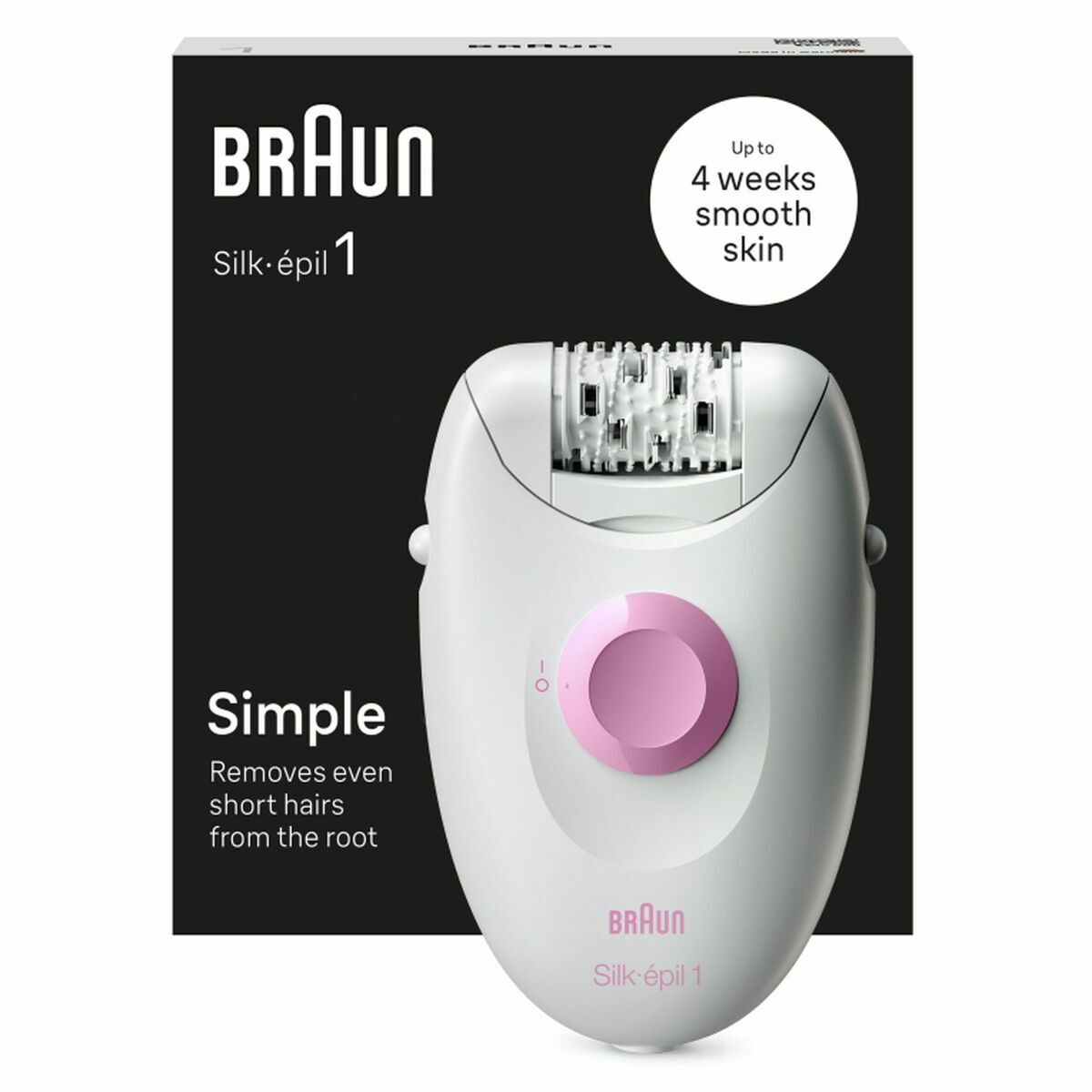 Productverpakking van de Braun IPL Hair Remover in wit en roze design, toont voordelen zoals tot 4 weken een gladde huid en veilig ontharen thuis.