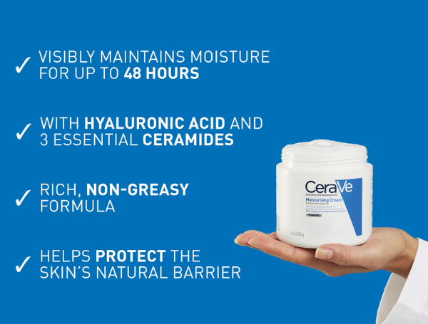CeraVe Hydraterende Crème 454g met hyaluronzuur en 3 ceramiden, biedt tot 48 uur hydratatie en ondersteunt de huidbarrière.