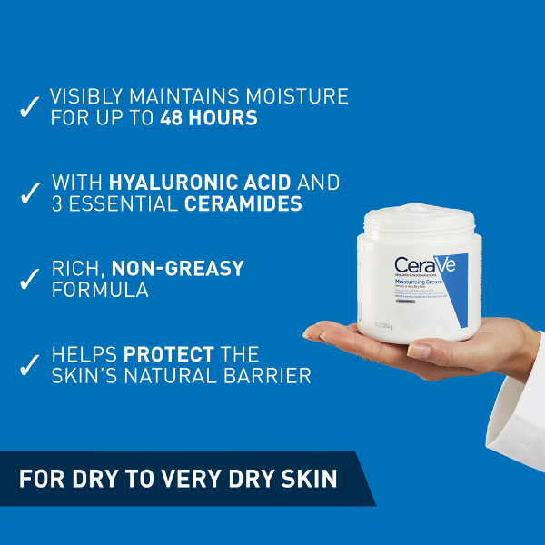 CeraVe Hydraterende Crème 454g met hyaluronzuur en 3 ceramiden, biedt tot 48 uur hydratatie en ondersteunt de huidbarrière.