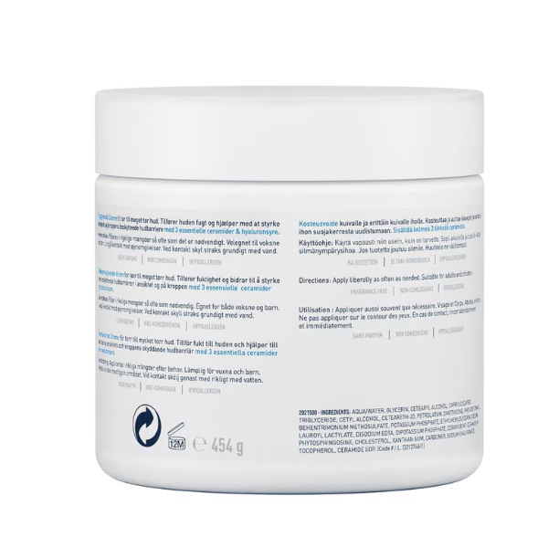Achterkant van CeraVe Hydraterende Crème 454g pot met ingrediëntenlijst en gebruiksaanwijzing, ongeparfumeerd en dermatologisch getest.