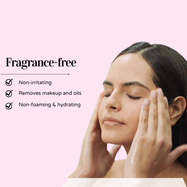 Vrouw masseert haar gezicht met CeraVe Hydrating Cleanser, op roze achtergrond met tekst ‘Fragrance-free, Non-irritating, Removes makeup and oils.