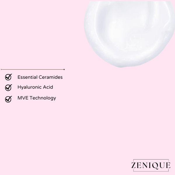 Roze achtergrond met textuur van crème en opsomming van ingrediënten: Essential Ceramides, Hyaluronic Acid en MVE Technology, met Zenique-logo rechtsonder.