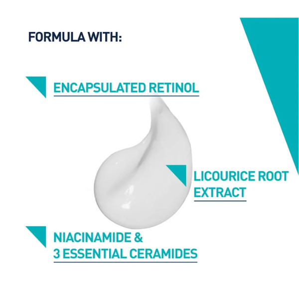 CeraVe Resurfacing Retinol Serum met formule die ingekapselde retinol, zoethoutwortel-extract, niacinamide en drie essentiële ceramiden bevat.