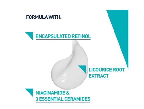 CeraVe Resurfacing Retinol Serum formule met ingekapselde retinol, zoethoutwortel-extract, niacinamide en drie essentiële ceramiden op witte achtergrond.