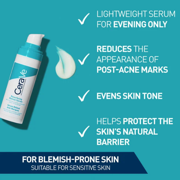 CeraVe Resurfacing Retinol Serum met voordelen: vermindert post-acne vlekjes, egaliseert de teint en versterkt de natuurlijke huidbarrière.
