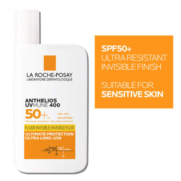 La Roche Posay Anthelios UVMUNE 400 SPF50+ zonnecrème met onzichtbare finish, ultra resistente formule en geschikt voor gevoelige huid.