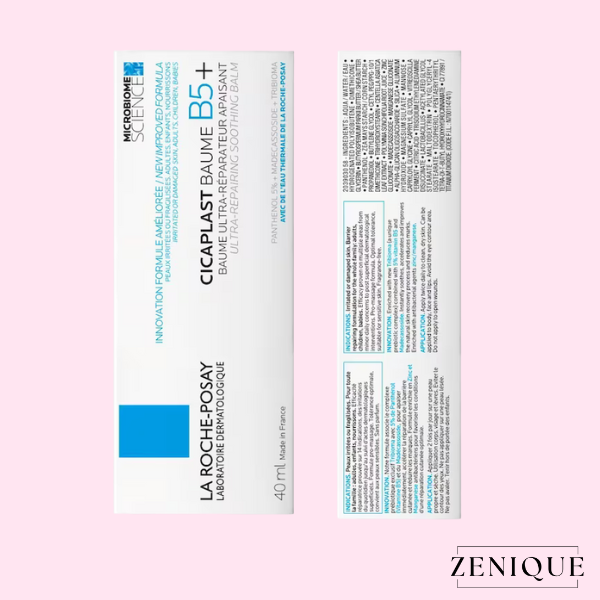 La Roche-Posay Cicaplast Baume B5+ tube 40ml op roze achtergrond met Zenique logo rechtsonder.