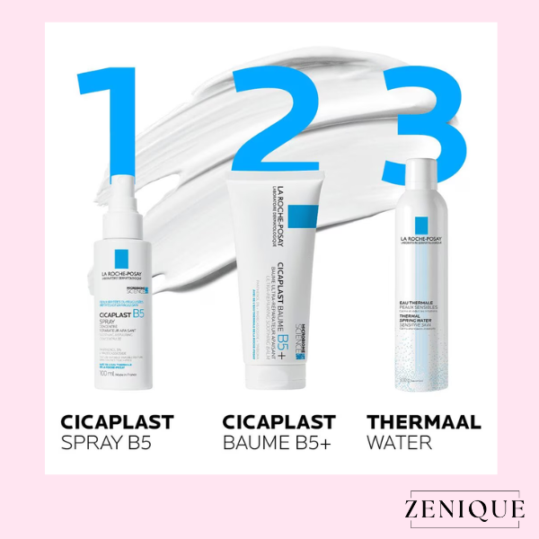 USP-afbeelding La Roche-Posay Cicaplast routine met 3 stappen: Spray B5, Baume B5+ en Thermaal Water op roze achtergrond met Zenique logo.
