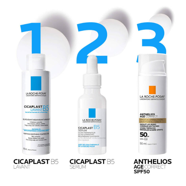 La Roche Posay Cicaplast routine in 3 stappen: Cicaplast B5 Lavant reiniger, Cicaplast B5 Serum en Anthelios Age Correct SPF50 zonnecrème, samen voor herstel en bescherming van de huid.