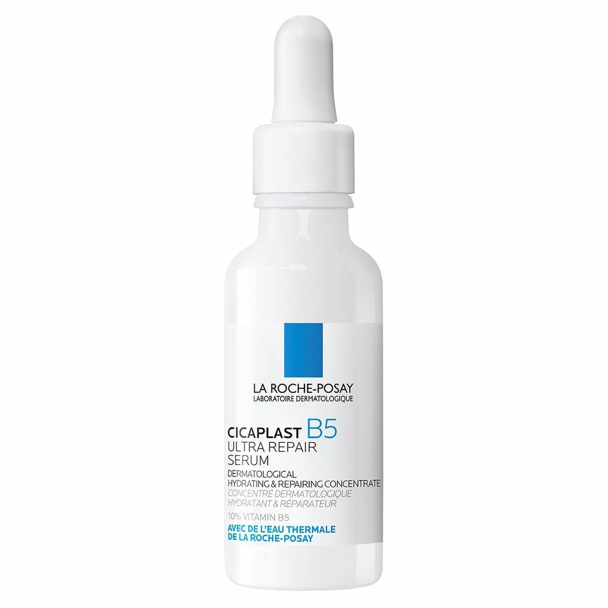 Wit La Roche Posay Cicaplast B5 Serum flesje 30ml met pipet, hydraterend en herstellend serum voor droge en gevoelige huid.