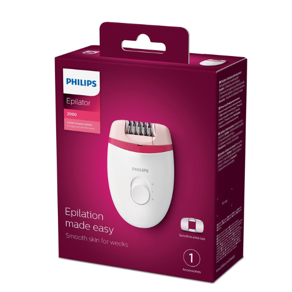 Productverpakking van Philips BRE235/00 epilator in roze doos met afbeelding van het apparaat en opzetkap voor gevoelige zones.