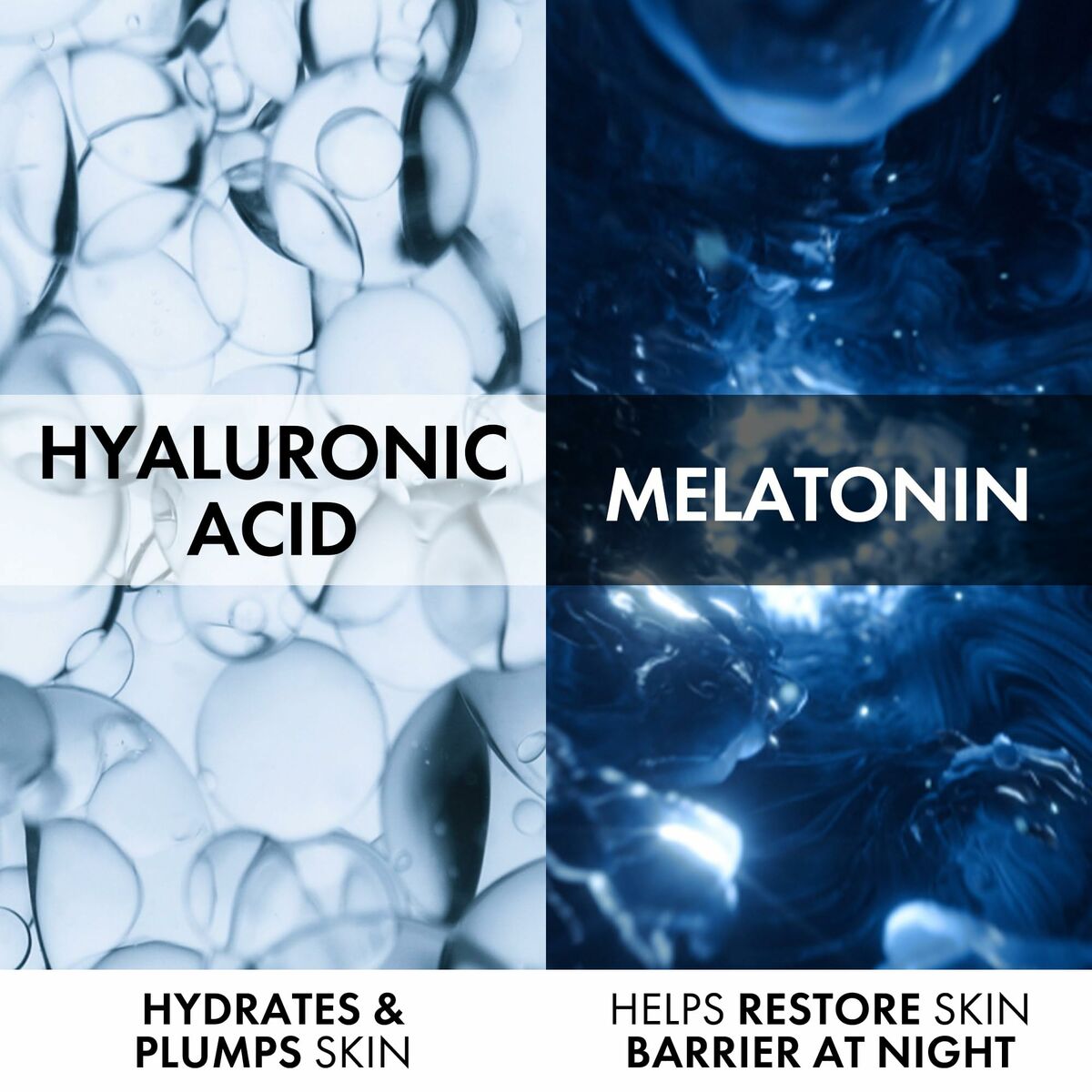Close-up van hyaluronzuur en melatonine, benadrukt hydraterende en herstellende werking van Vichy Minéral 89 Nachtcrème tijdens de nacht.
