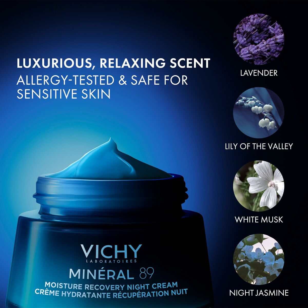 Vichy Minéral 89 Nachtcrème met luxueuze, ontspannende geur van lavendel, lelietje-van-dalen, white musk en night jasmine. Allergie-getest en geschikt voor de gevoelige huid.