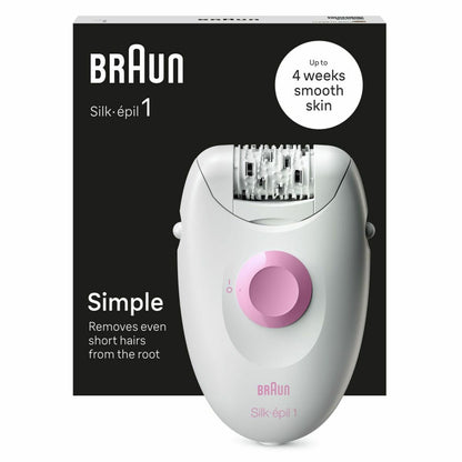 Productverpakking van de Braun IPL Hair Remover in wit en roze design, toont voordelen zoals tot 4 weken een gladde huid en veilig ontharen thuis.