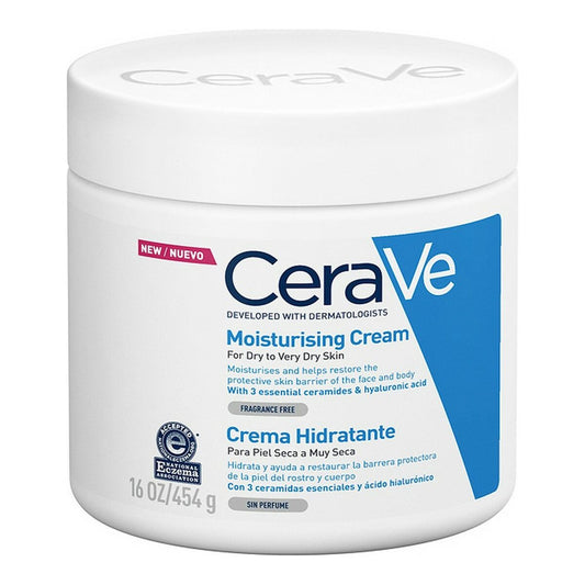 CeraVe Hydraterende Crème 454g in witte pot met blauw label, ongeparfumeerd, voor droge tot zeer droge huid.