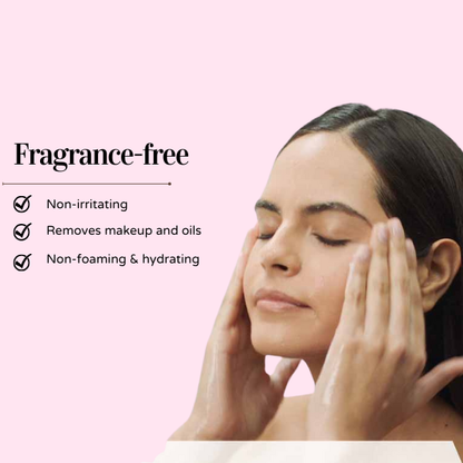 Vrouw masseert haar gezicht met CeraVe Hydrating Cleanser, op roze achtergrond met tekst ‘Fragrance-free, Non-irritating, Removes makeup and oils.