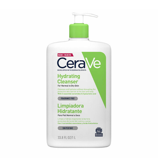 CeraVe Hydrating Cleanser 1L fles met groene dop en label, hydraterende gezichtsreiniger voor normale tot droge huid, tegen witte achtergrond.