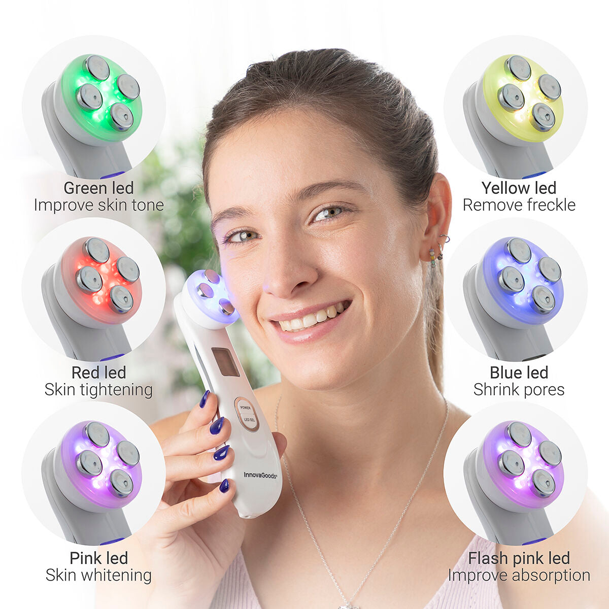 Vrouw gebruikt InnovaGoods gezichtsmassage met overzicht van 6 LED-lichtstanden: rood, groen, blauw, geel, roze en knipperend roze voor diverse huidverbeteringen.