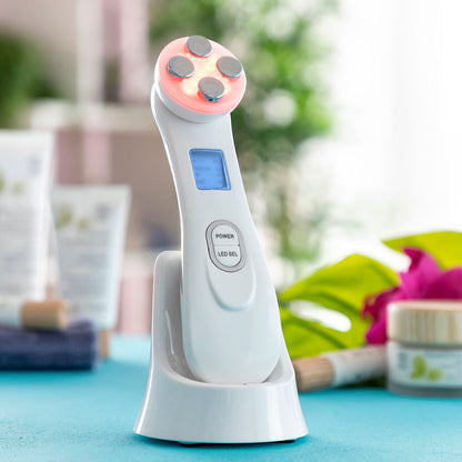 InnovaGoods gezichtsmassage in houder met rood LED-licht, bevordert huidherstel en geeft een gezonde glow door fototherapie.