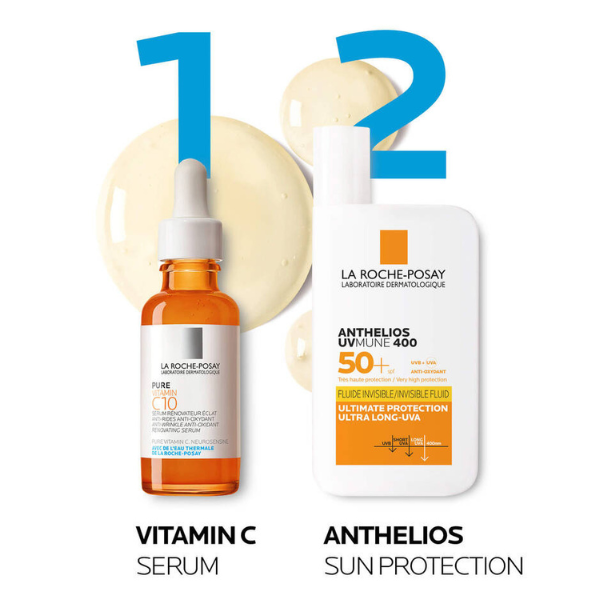 La Roche Posay Anthelios UVMUNE 400 SPF50+ zonnecrème gecombineerd met La Roche Posay Pure Vitamin C10 serum voor optimale huidbescherming en verzorging.