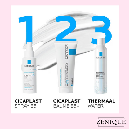 USP-afbeelding La Roche-Posay Cicaplast routine met 3 stappen: Spray B5, Baume B5+ en Thermaal Water op roze achtergrond met Zenique logo.