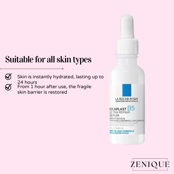 La Roche Posay Cicaplast B5 Serum flesje 30ml op roze achtergrond met tekst Suitable for all skin types, voordelen hydratatie tot 24 uur en herstel huidbarrière.