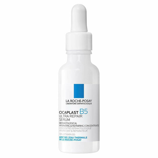 Wit La Roche Posay Cicaplast B5 Serum flesje 30ml met pipet, hydraterend en herstellend serum voor droge en gevoelige huid.