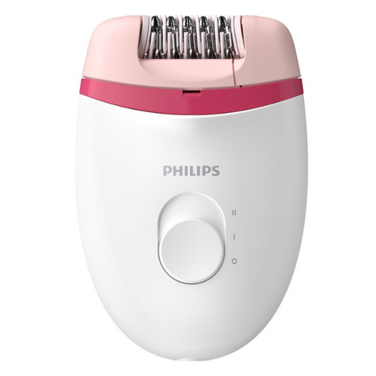Witte en roze Philips BRE235/00 elektrische epilator met ergonomisch design en twee snelheden voor gladde benen.