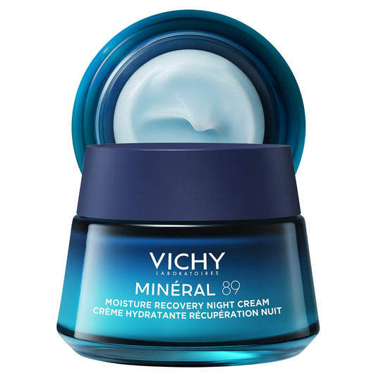 Vichy Minéral 89 Nachtcrème in blauwe glazen pot, hydraterende en herstellende gezichtscrème voor de nacht.